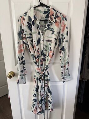 a new day White Floral Tie-Waist Shirt Dress with Coral & Navy